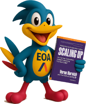 Speedy, la mascota de EO Accelerator Monterrey, con el libro Scaling Up de Verne Harnish